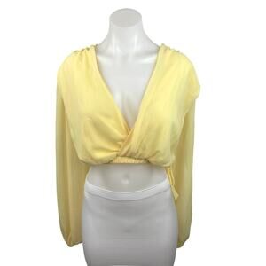 Missguided Yellow Wrap Deep V Long Sleeve Elastic Wait Cropped Blouse Top Size 4